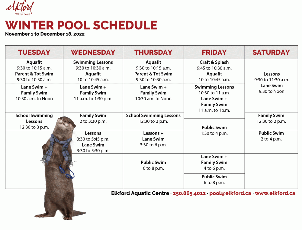 Fall to Winter 2022 Pool Schedule Fall to Winter 2022 Pool Schedule